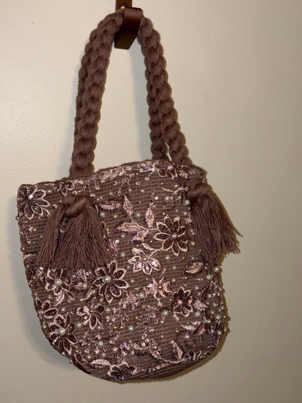 Embroidered Beaded Tassel Shoulder Bag - Brown